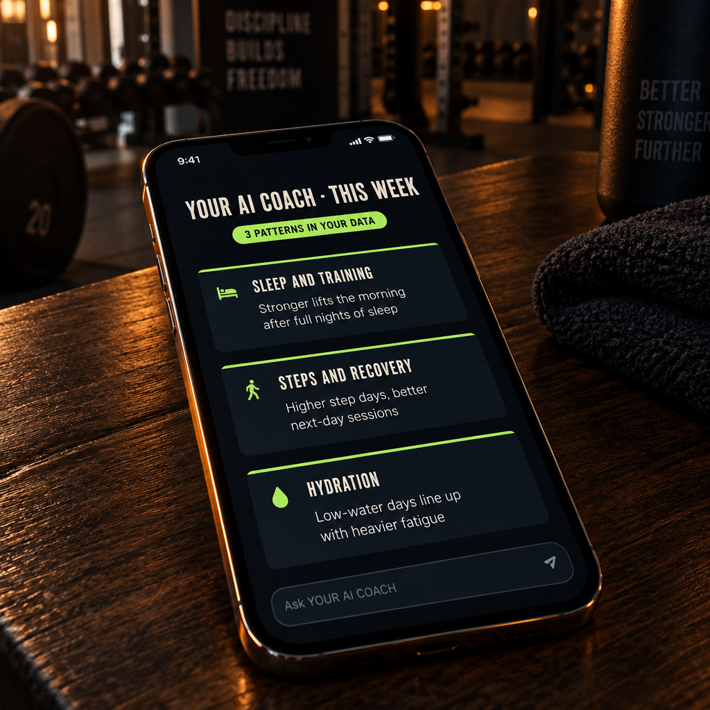 YOUR AI COACH insights screen showing patterns from your logged data